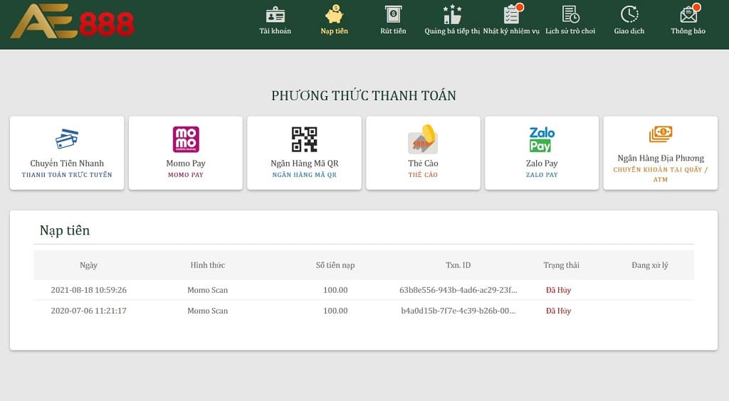 Các phương thức nạp tiền tại AE3888
