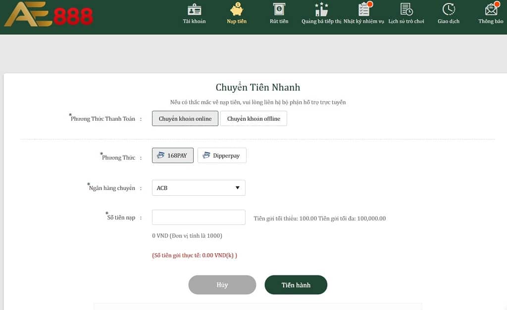 Giao diện nạp tiền tại AE3888