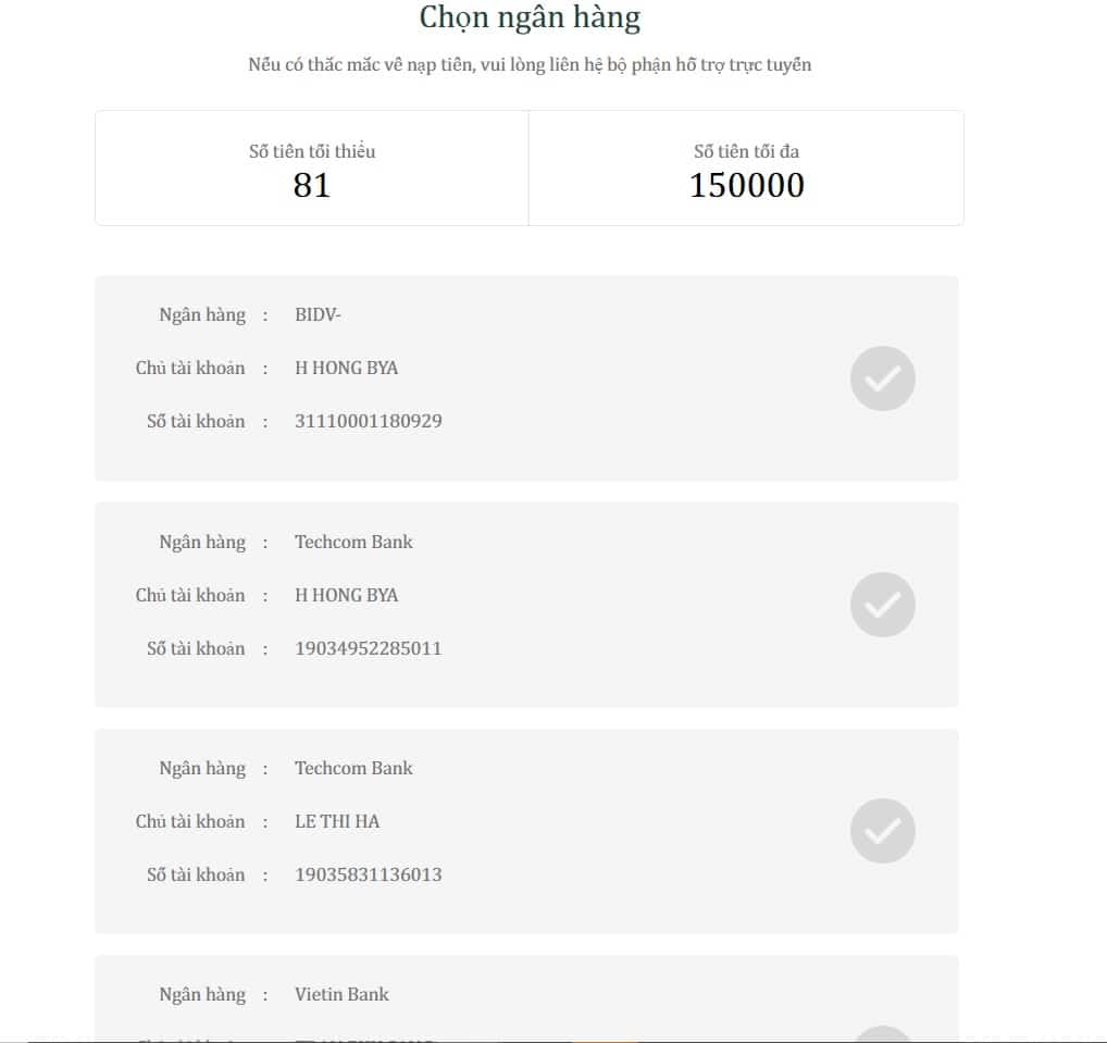 Các số tài khoản Ngân hàng khi tiến hành nạp tiền tại AE3888