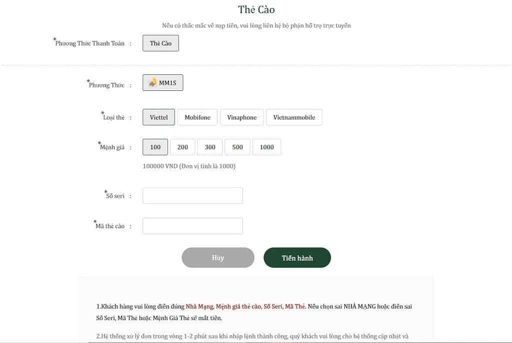 Những điều cần lưu ý khi nạp tiền tại AE3888