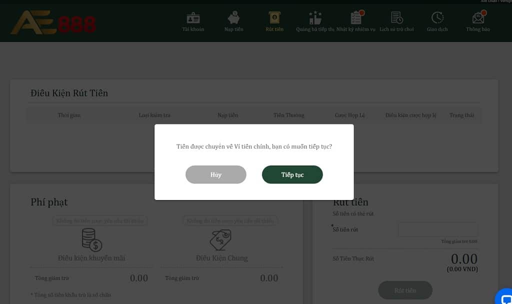 Giao diện rút tiền tại AE3888